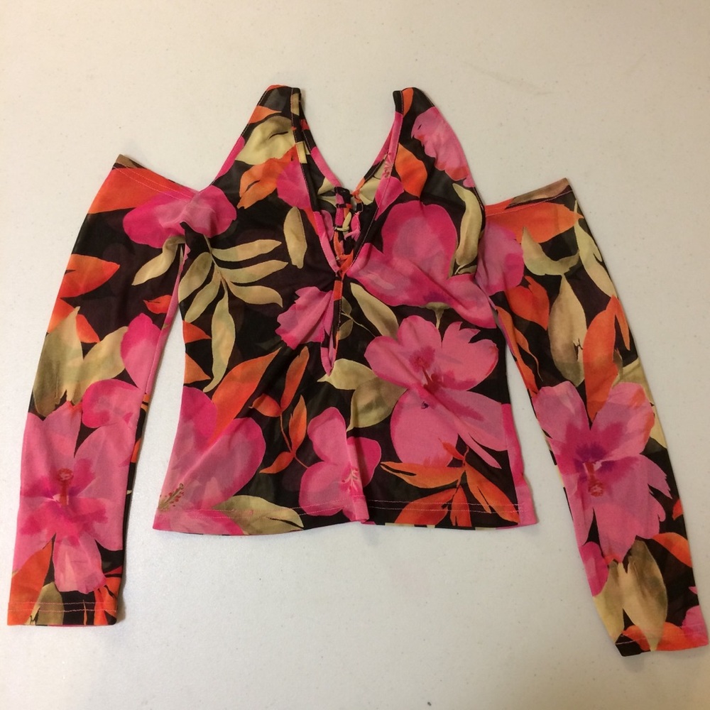 Tropical floral sheer cut out shoulder top